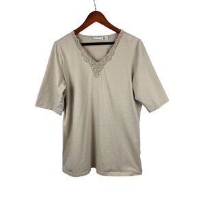 Susan Graver Beige Short Sleeve Top With Embellished V-Neck & Gem Details